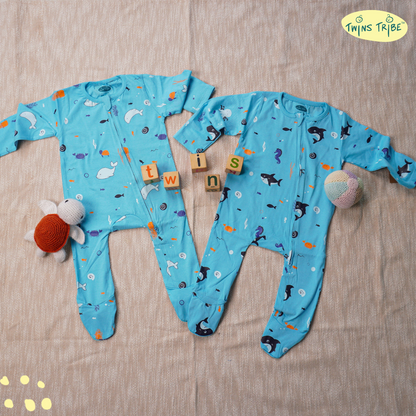 TwinsTribe Twins Rompers Set – Dolphins and Sharks