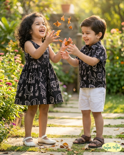 Twin Safari – Black Dabu Print Shirt & Frock Set for Twins – TwinsTribe x Chhutkan Celebration Edit