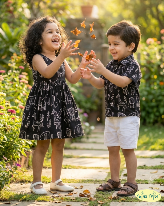 Twin Safari – Black Dabu Print Shirt & Frock Set for Twins – TwinsTribe x Chhutkan Celebration Edit