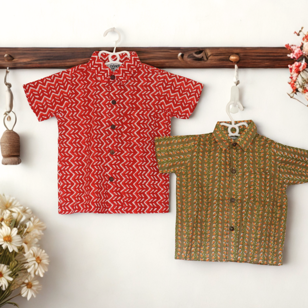 Twin Harmony Set – Red & Mustard Festive Shirts - TwinsTribe x Critter Kids Festive Collection