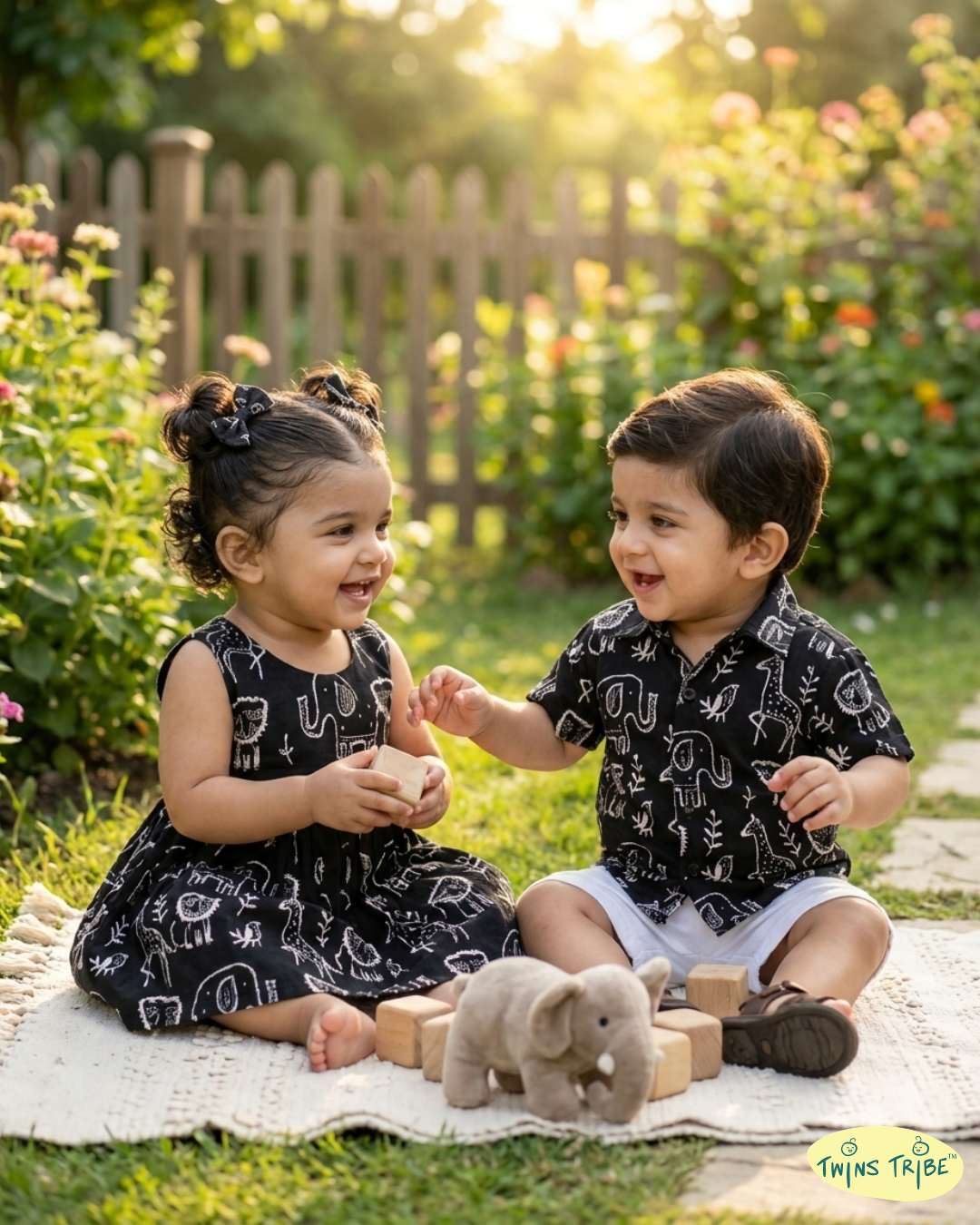 Twin Safari – Black Dabu Print Shirt & Frock Set for Twins – TwinsTribe x Chhutkan Celebration Edit