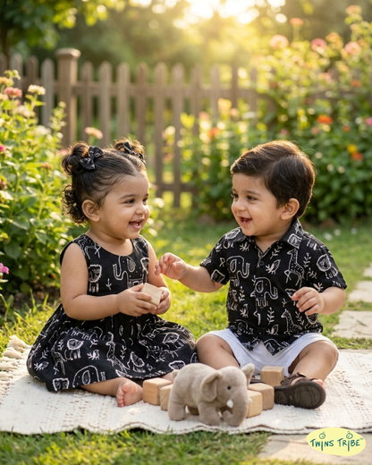 Twin Safari – Black Dabu Print Shirt & Frock Set for Twins – TwinsTribe x Chhutkan Celebration Edit