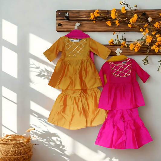 Twin Glow Set – Yellow & Pink Sharara Suits - TwinsTribe x Critter Kids Festive Collection
