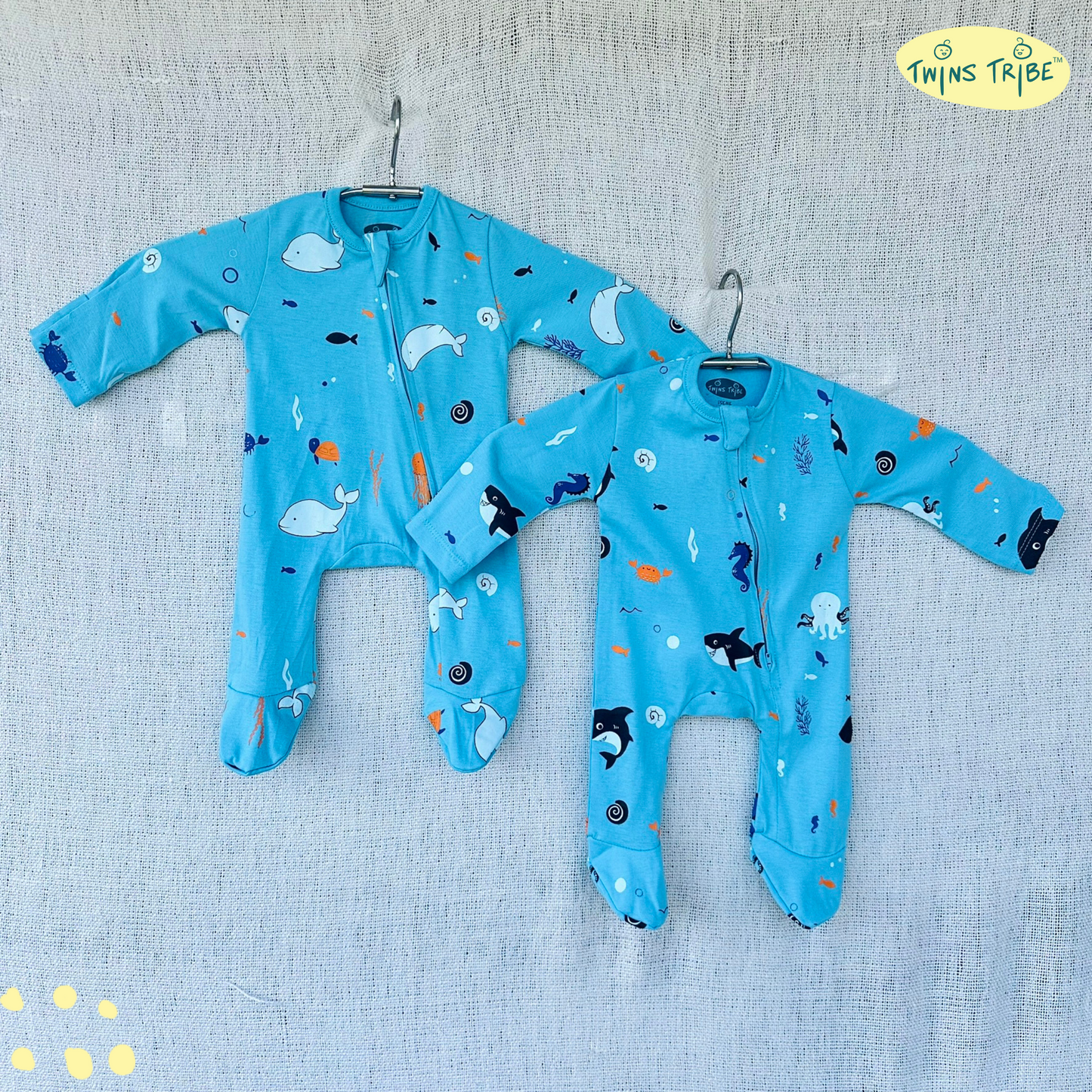 TwinsTribe Twins Rompers Set – Dolphins and Sharks