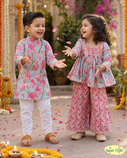 Twin Bloom – Firozi Floral Kurta Pajama & Sharara Set for Twins – TwinsTribe x Chhutkan Celebration Edit