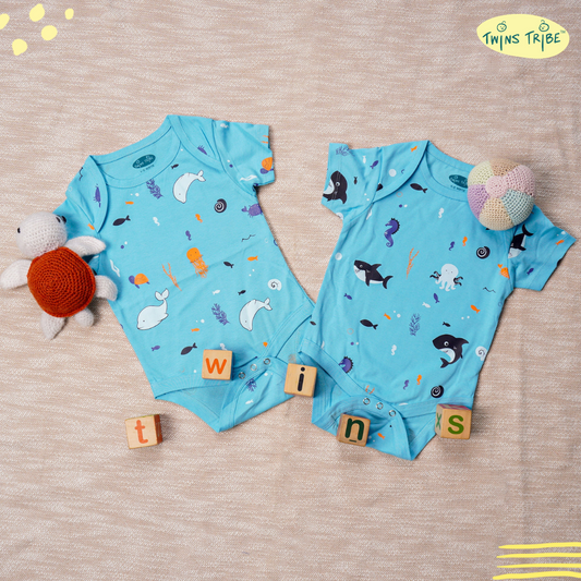 TwinsTribe Twins Onesie Set – Dolphins and Sharks