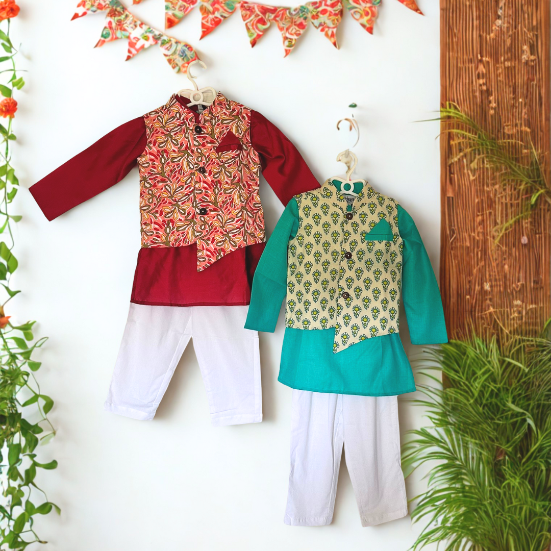 Twin Regal Set – Green & Red Kurta Jacket Combo - TwinsTribe x Critter Kids Festive Collection