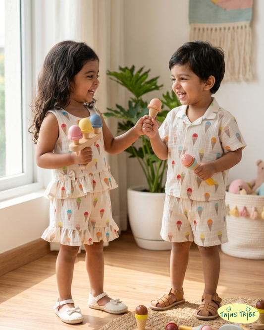 Twin Scoops – Ice Cream Print Muslin Cotton Co-ord Sets for Twins – TwinsTribe x Chhutkan Celebration Edit