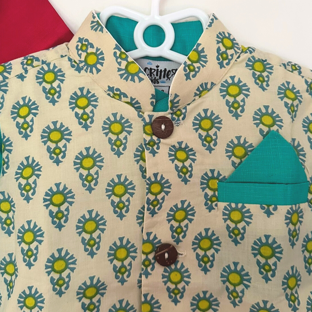 Twin Regal Set – Green & Red Kurta Jacket Combo - TwinsTribe x Critter Kids Festive Collection