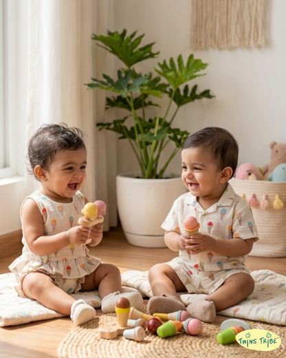 Twin Scoops – Ice Cream Print Muslin Cotton Co-ord Sets for Twins – TwinsTribe x Chhutkan Celebration Edit
