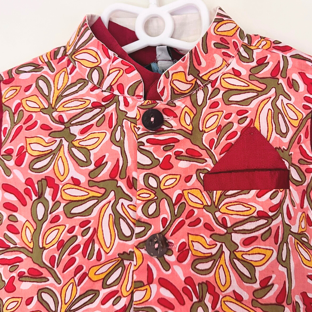 Twin Regal Set – Green & Red Kurta Jacket Combo - TwinsTribe x Critter Kids Festive Collection