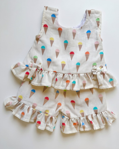 Twin Scoops – Ice Cream Print Muslin Cotton Co-ord Sets for Twins – TwinsTribe x Chhutkan Celebration Edit
