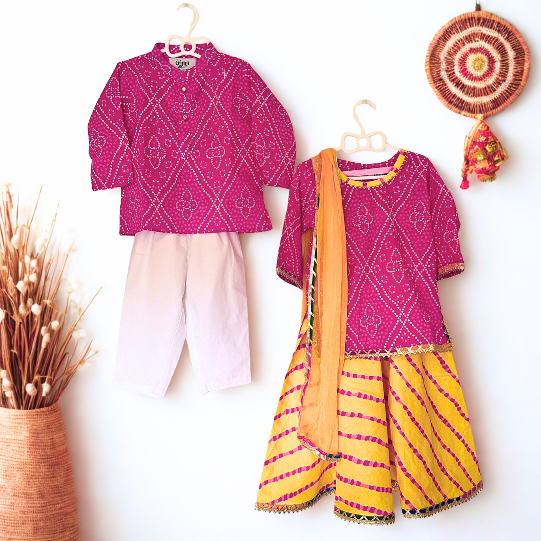 Twin Bloom – Fuschia Kurta & Yellow Bandhani Lehenga Set - TwinsTribe x Critter Kids Festive Collection