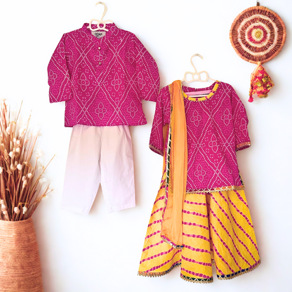 Twin Bloom – Fuschia Kurta & Yellow Bandhani Lehenga Set - TwinsTribe x Critter Kids Festive Collection