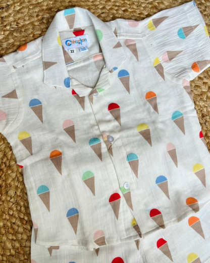 Twin Scoops – Ice Cream Print Muslin Cotton Co-ord Sets for Twins – TwinsTribe x Chhutkan Celebration Edit
