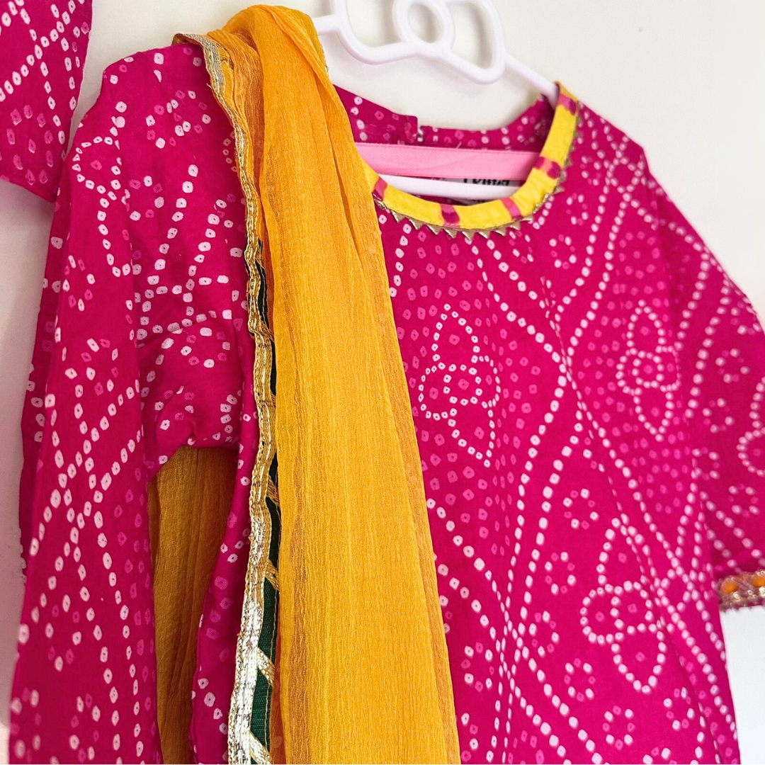 Twin Bloom – Fuschia Kurta & Yellow Bandhani Lehenga Set - TwinsTribe x Critter Kids Festive Collection