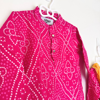 Twin Bloom – Fuschia Kurta & Yellow Bandhani Lehenga Set - TwinsTribe x Critter Kids Festive Collection