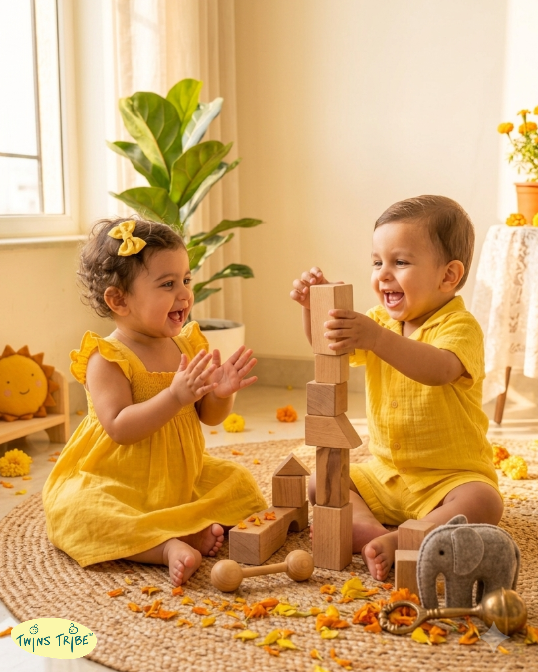 Twin Glow – Yellow Muslin Cotton Co-ord & Frock Set for Twins – TwinsTribe x Chhutkan Celebration Edit
