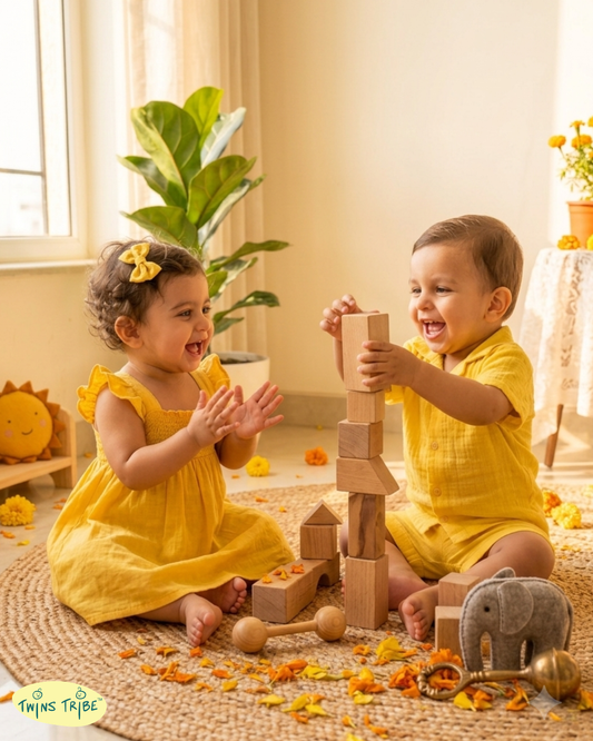 Twin Glow – Yellow Muslin Cotton Co-ord & Frock Set for Twins – TwinsTribe x Chhutkan Celebration Edit