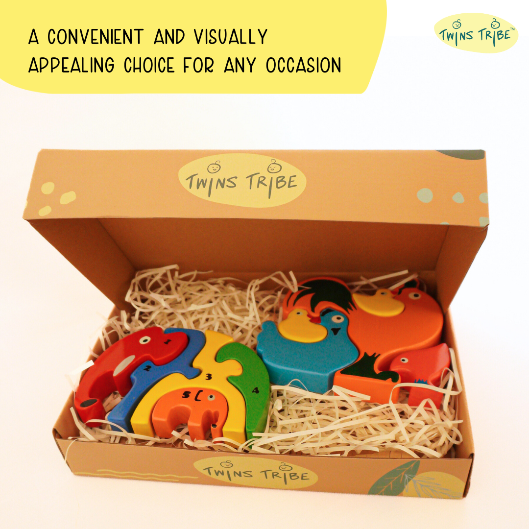 TwinsTribe Animal Family Jigsaw – Wooden Puzzle Gift Set for Twins