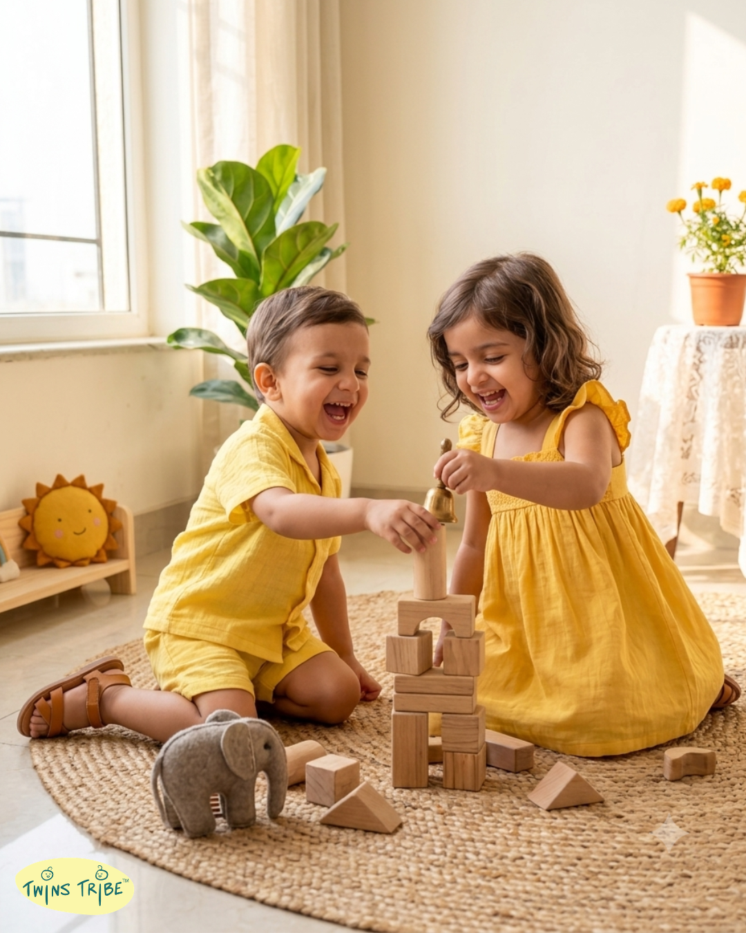 Twin Glow – Yellow Muslin Cotton Co-ord & Frock Set for Twins – TwinsTribe x Chhutkan Celebration Edit