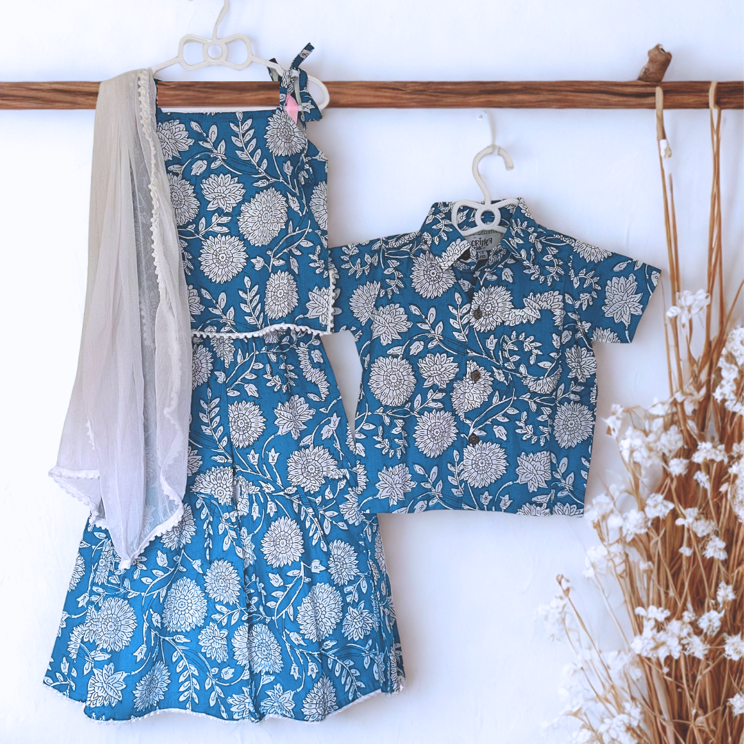 Twin Blues – Indigo Floral Shirt & Kurta Sharara Set - TwinsTribe x Critter Kids Festive Collection