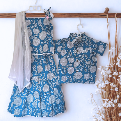 Twin Blues – Indigo Floral Shirt & Kurta Sharara Set - TwinsTribe x Critter Kids Festive Collection