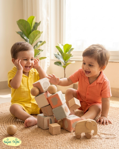 Twin Sorbet – Yellow & Peach Muslin Cotton Co-ord Sets for Twin Boys – TwinsTribe x Chhutkan Celebration Edit