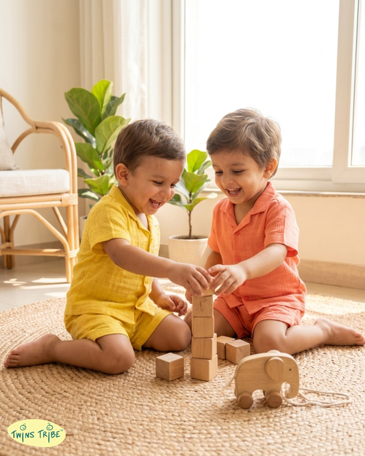 Twin Sorbet – Yellow & Peach Muslin Cotton Co-ord Sets for Twin Boys – TwinsTribe x Chhutkan Celebration Edit