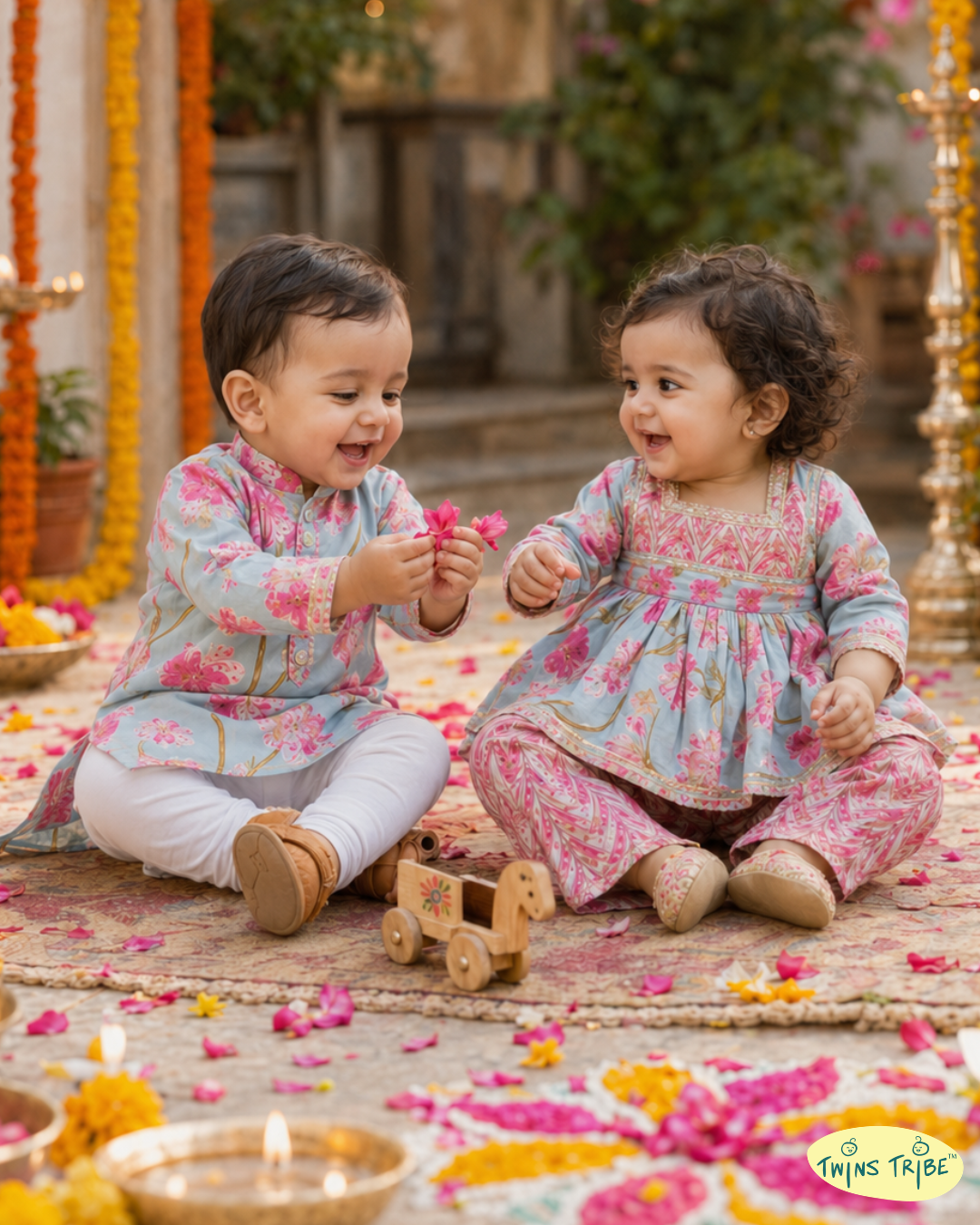 Twin Bloom – Firozi Floral Kurta Pajama & Sharara Set for Twins – TwinsTribe x Chhutkan Celebration Edit