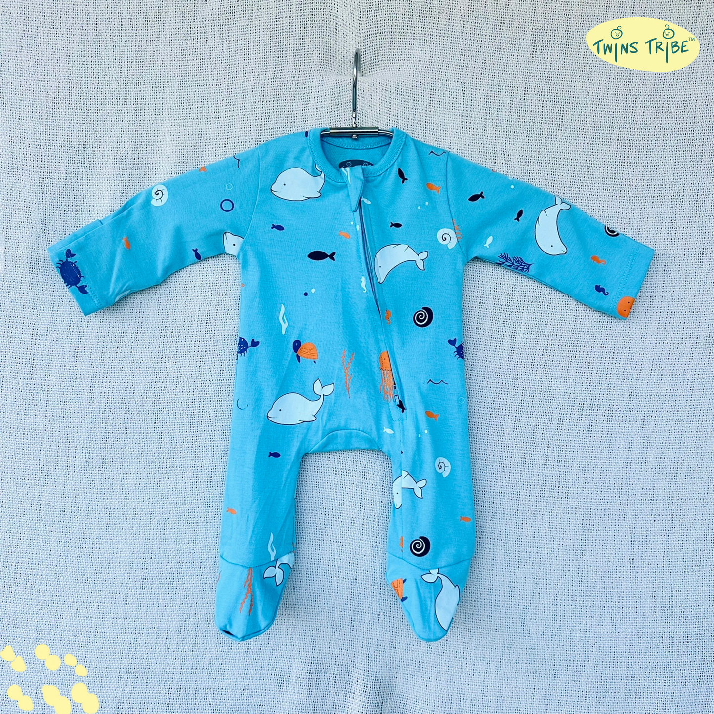 TwinsTribe Twins Rompers Set – Dolphins and Sharks