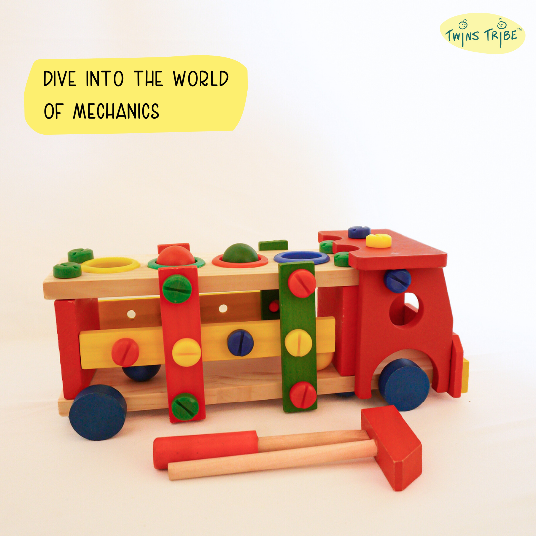 TwinsTribe Build & Roll – Wooden Vehicle Builder Gift Set for Twins