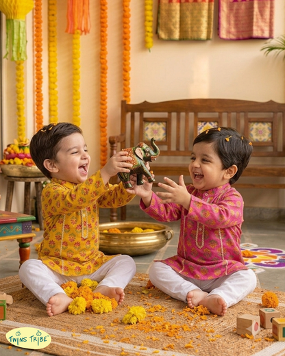 Twin Utsav – Yellow & Pink Floral Kurta Pajama Sets for Twin Boys – TwinsTribe x Chhutkan Celebration Edit