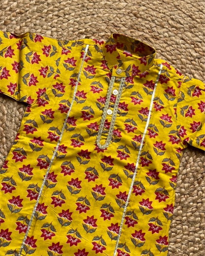 Twin Utsav – Yellow & Pink Floral Kurta Pajama Sets for Twin Boys – TwinsTribe x Chhutkan Celebration Edit