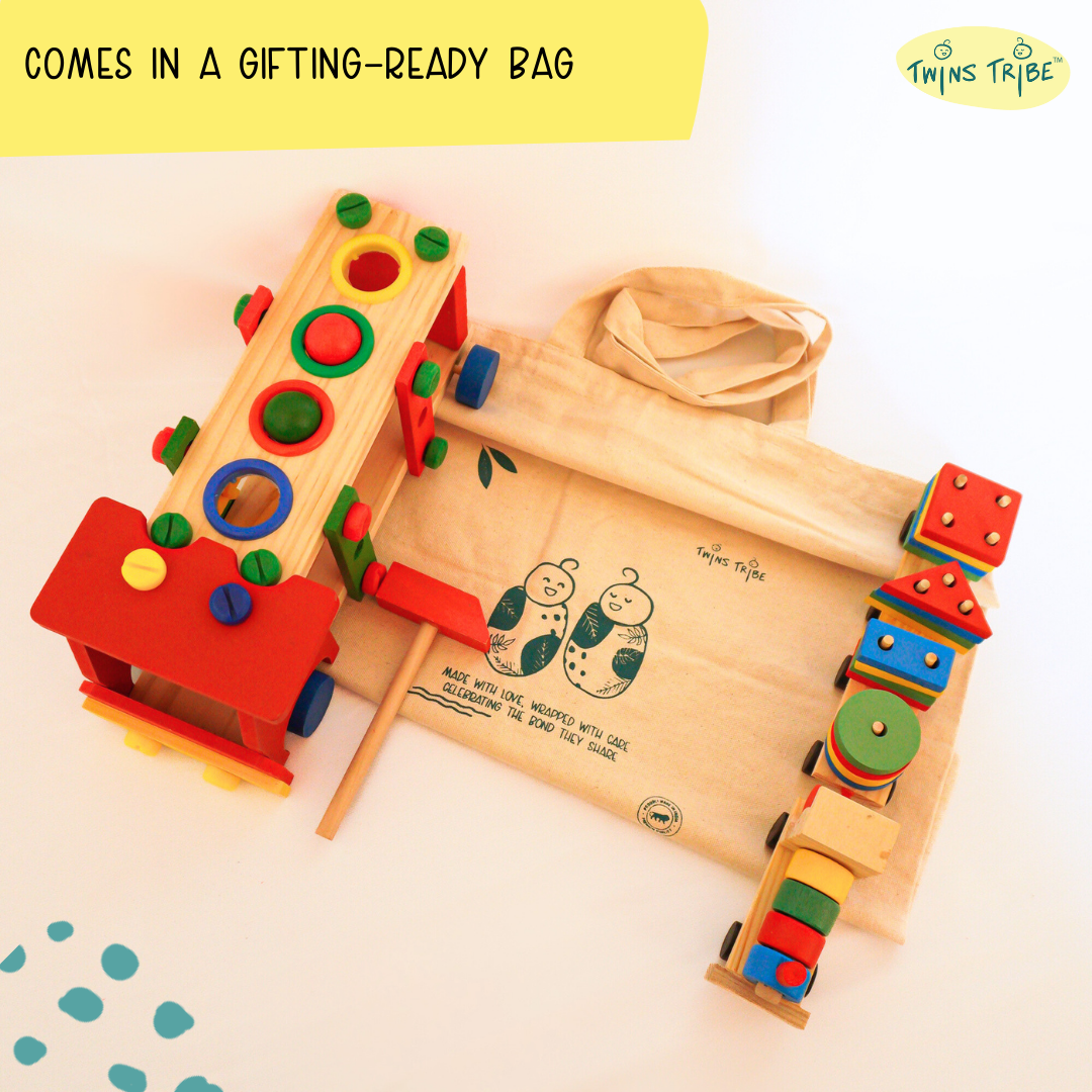 TwinsTribe Build & Roll – Wooden Vehicle Builder Gift Set for Twins