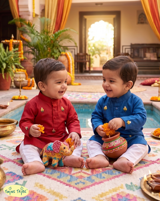 Royal Duo – Red & Blue Embroidered Chanderi Kurta Pajama Sets for Twin Boys – TwinsTribe x Chhutkan Celebration Edit
