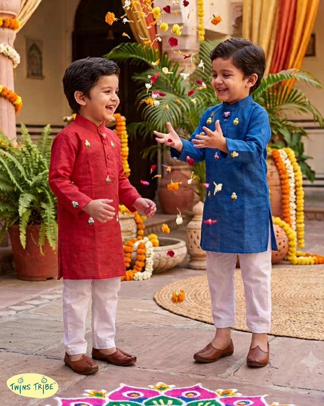 Royal Duo – Red & Blue Embroidered Chanderi Kurta Pajama Sets for Twin Boys – TwinsTribe x Chhutkan Celebration Edit