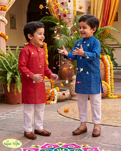 Royal Duo – Red & Blue Embroidered Chanderi Kurta Pajama Sets for Twin Boys – TwinsTribe x Chhutkan Celebration Edit