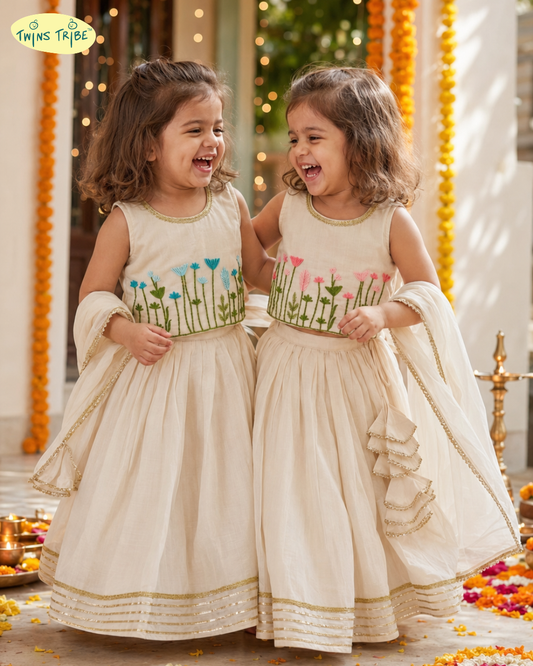 Garden of Grace – Cream Floral Embroidered Chanderi Lehenga Sets for Twin Girls – TwinsTribe x Chhutkan Celebration Edit