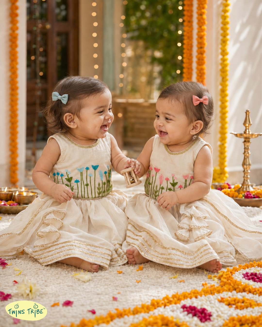 Garden of Grace – Cream Floral Embroidered Chanderi Lehenga Sets for Twin Girls – TwinsTribe x Chhutkan Celebration Edit