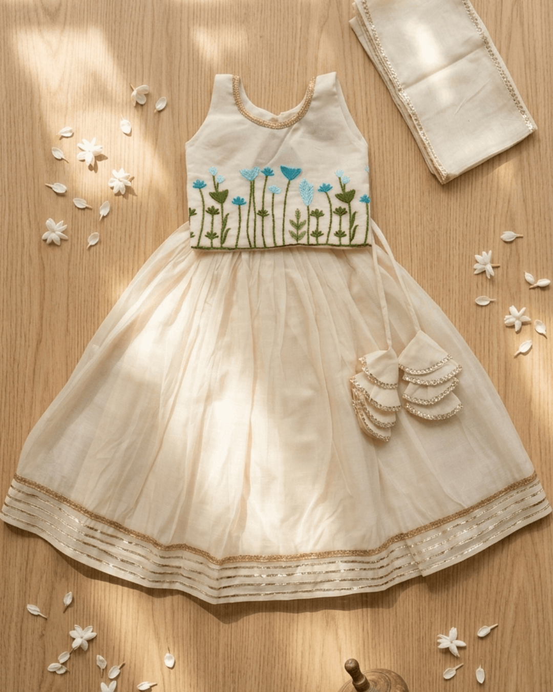 Garden of Grace – Cream Floral Embroidered Chanderi Lehenga Sets for Twin Girls – TwinsTribe x Chhutkan Celebration Edit