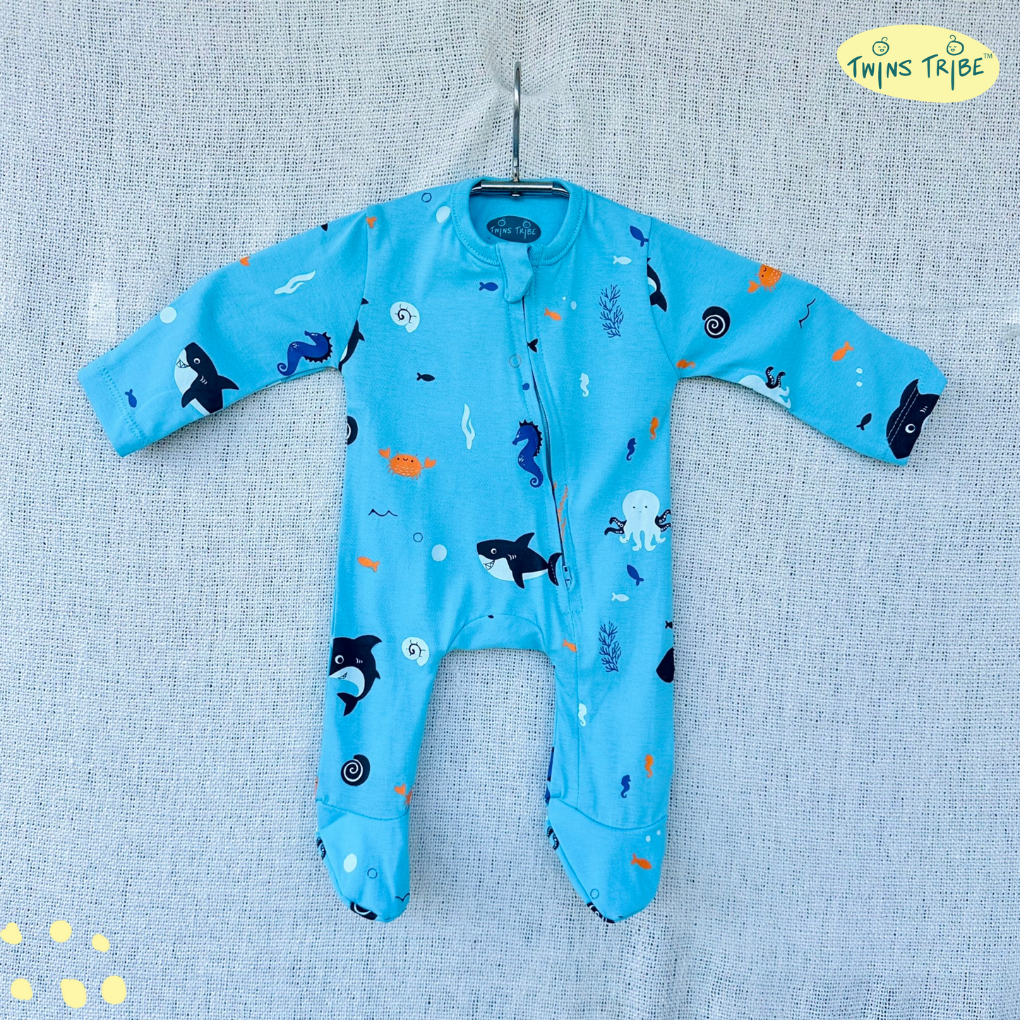 TwinsTribe Twins Rompers Set – Dolphins and Sharks