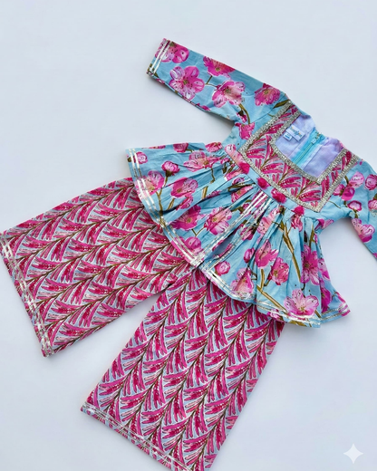 Twin Bloom – Firozi Floral Kurta Pajama & Sharara Set for Twins – TwinsTribe x Chhutkan Celebration Edit