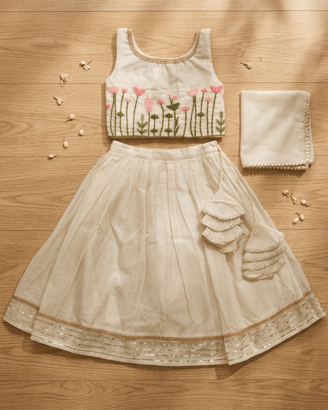 Garden of Grace – Cream Floral Embroidered Chanderi Lehenga Sets for Twin Girls – TwinsTribe x Chhutkan Celebration Edit