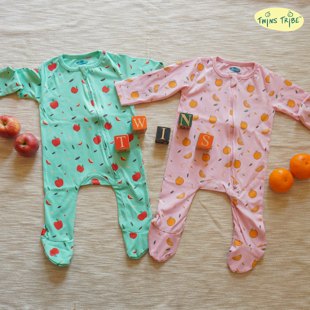 TwinsTribe Twins Rompers Set – Apples & Oranges