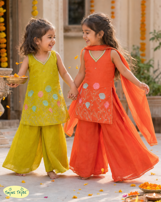 Twin Radiance – Orange & Green Embroidered Chanderi Palazzo Sets for Twin Girls – TwinsTribe x Chhutkan Celebration Edit