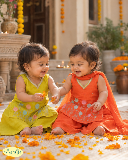 Twin Radiance – Orange & Green Embroidered Chanderi Palazzo Sets for Twin Girls – TwinsTribe x Chhutkan Celebration Edit