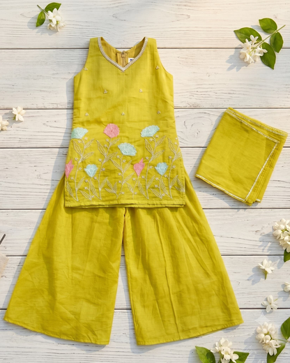 Twin Radiance – Orange & Green Embroidered Chanderi Palazzo Sets for Twin Girls – TwinsTribe x Chhutkan Celebration Edit