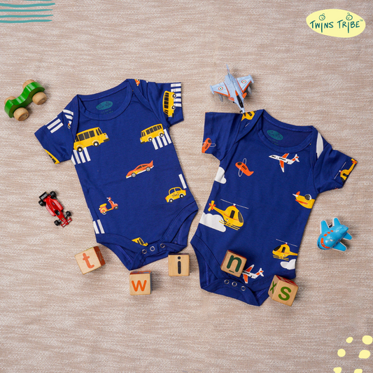 TwinsTribe Twins Onesie Set – Wheels & Wings