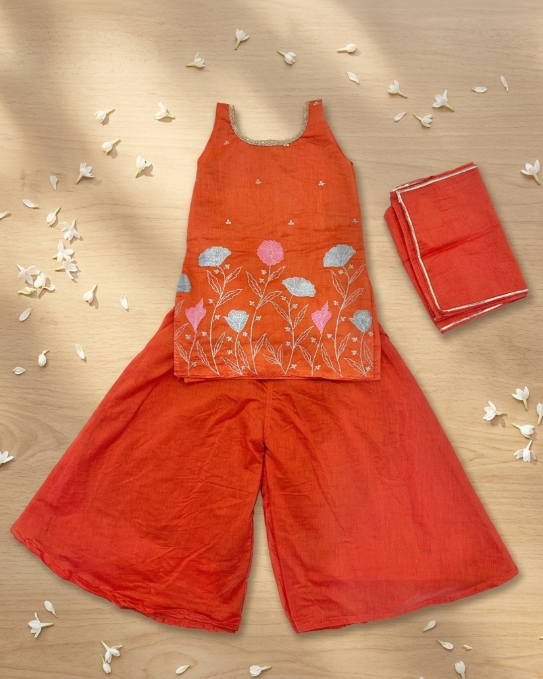 Twin Radiance – Orange & Green Embroidered Chanderi Palazzo Sets for Twin Girls – TwinsTribe x Chhutkan Celebration Edit
